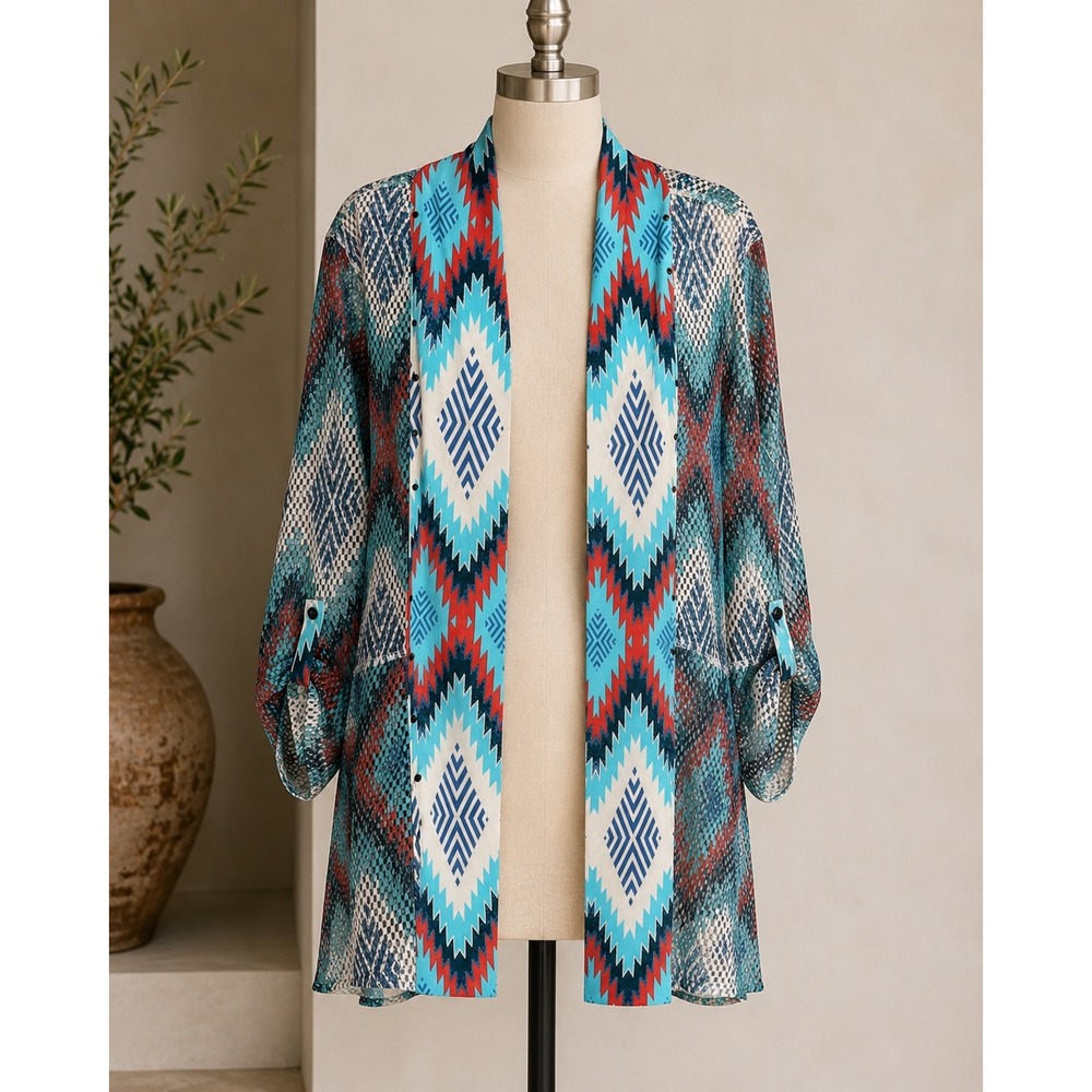 Multiples Southwestern‎ Mesh Cardigan Womens Large Turquoise Geometric Roll Tab
